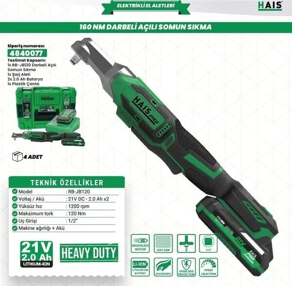 Akülü Darb.açılı Som.sık. 120 Nm RB-JB120A Haispro