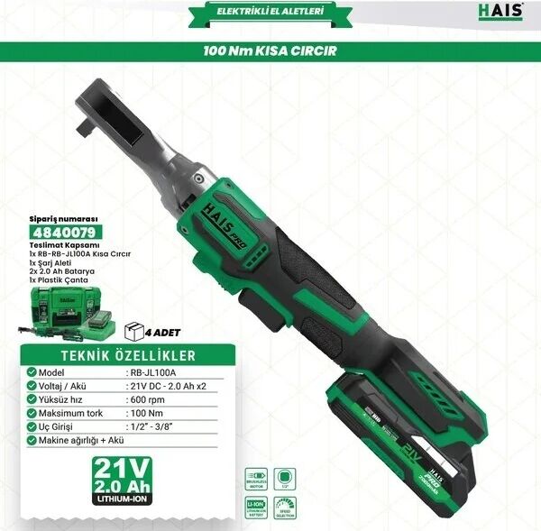 Akülü Kısa Cırcır 100 Nm RB-JL100A Haispro