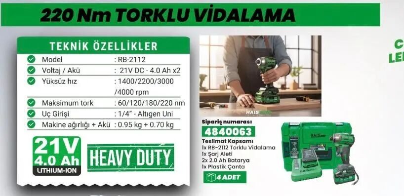 Haıspro Profesyonel S30 RB-2112 220 Nm Darbeli Vidalama Matkap