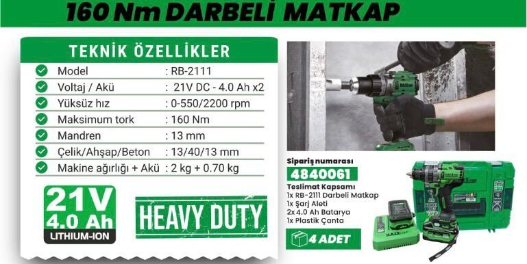 Haıspro Profesyonel Darbeli Matkap S30 RB-2111 21 V 4.0 Ah Çift Akülü