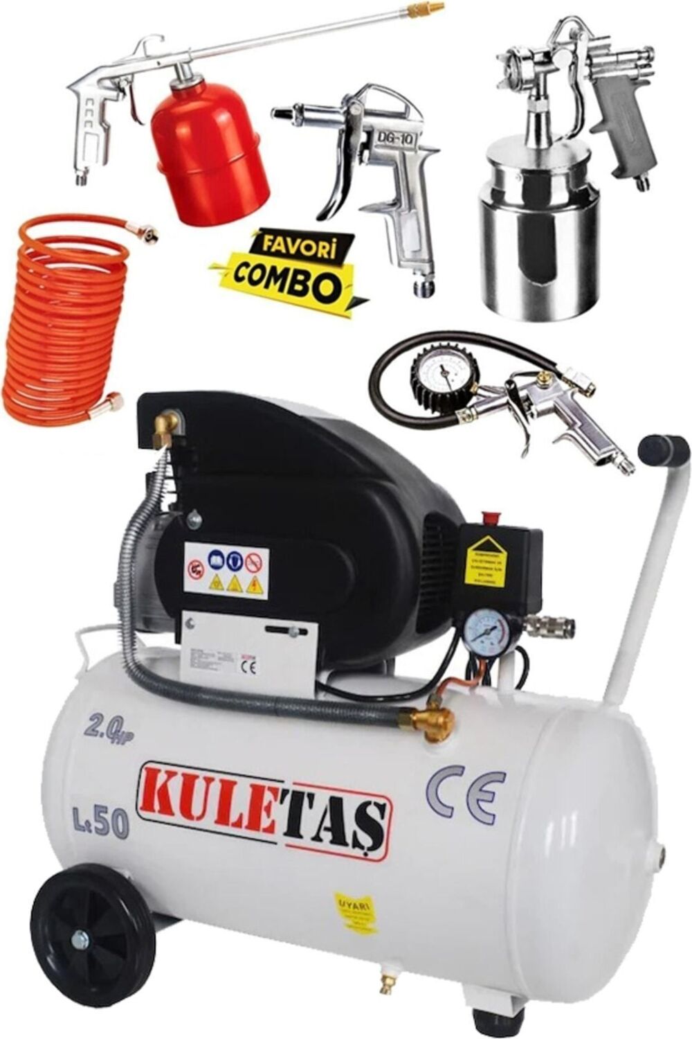 Kuletaş 2201 - 2400 Watt 50 Litre Yağlı Sesli Hava Kompresörü 8 Bar ve Havalı Alet Seti 5 Parça 600-650 50