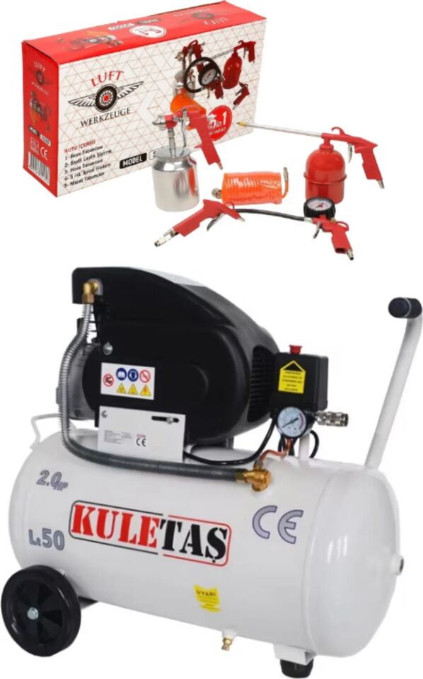 Kuletaş 2201 - 2400 Watt 50 Litre Yağlı Sesli Hava Kompresörü 8 Bar ve Havalı Alet Seti 5 Parça 600-650 50