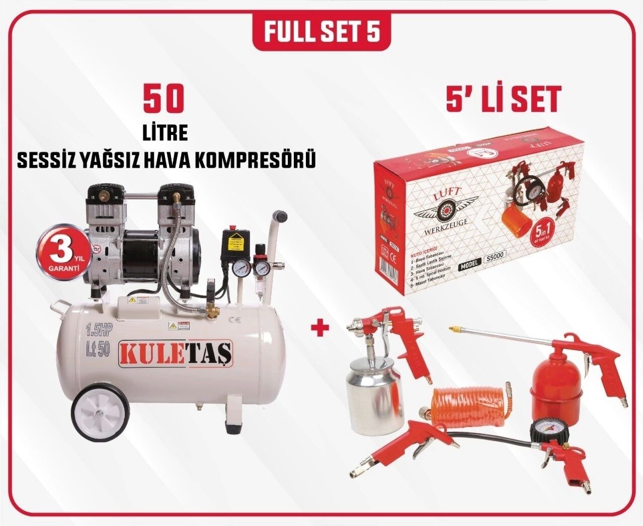 Kuletaş Full Set 5 Kuletaş Süper Sessiz Yağsız Hava Kompresörü 50 Litre 1,5 Hp 3 Yıl Garanti