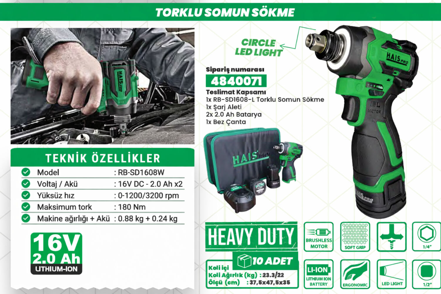 Haıspro 180 Nm Tork Akülü Somun Sıkma - Profesyonel Akülü Vidalama - 2x2 Ah Çift Akü - RB-SD1608W