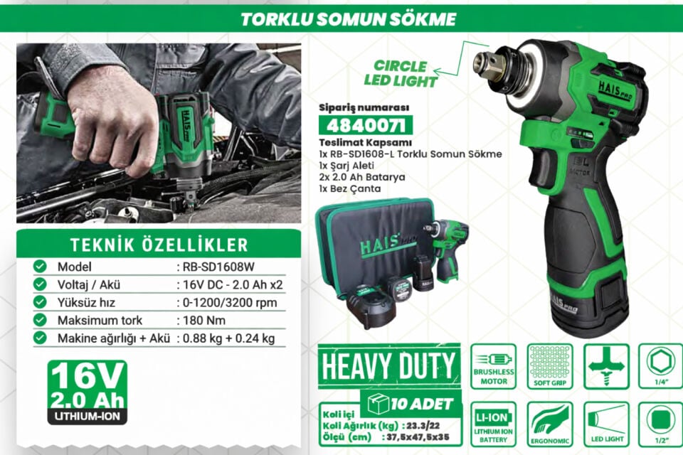 Haıspro 180 Nm Tork Akülü Somun Sıkma - Profesyonel Akülü Vidalama - 2x2 Ah Çift Akü - RB-SD1608W