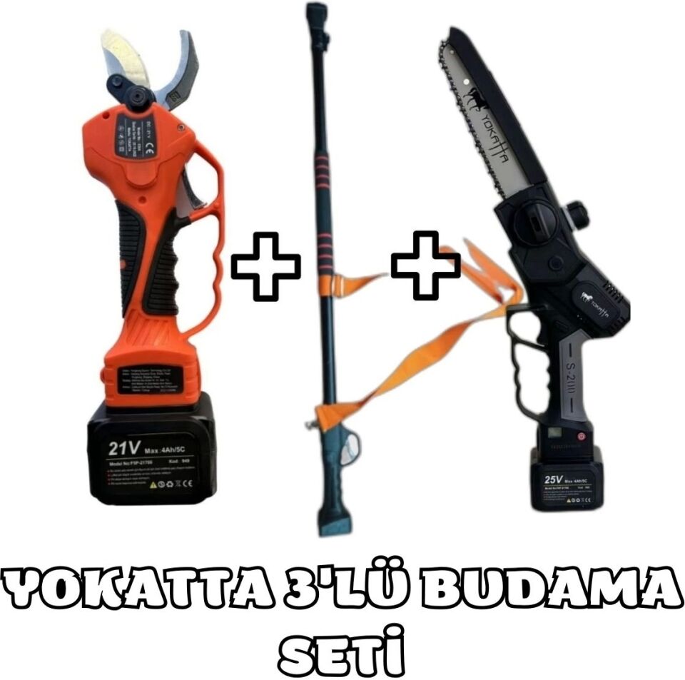 Yokatta Akülü Budama Makası + Akülü Budama Testeresi + Teleskopik Uzatma Sapı Set