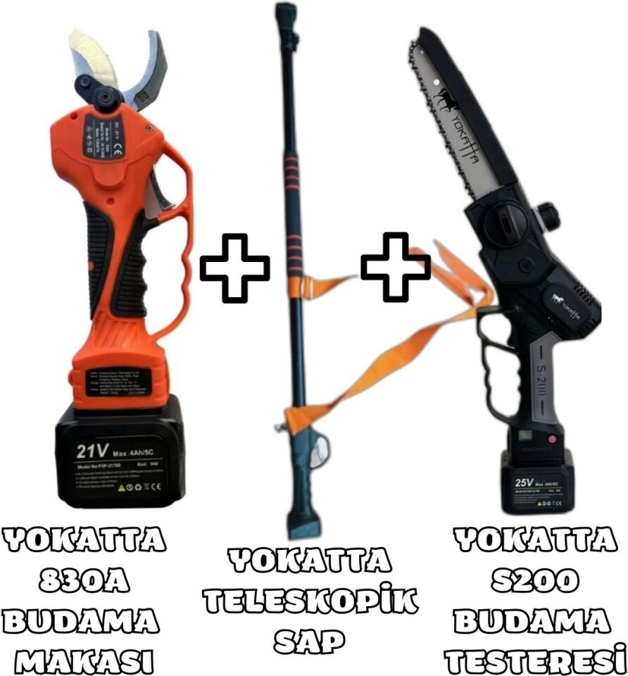 Yokatta Akülü Budama Makası + Akülü Budama Testeresi + Teleskopik Uzatma Sapı Set