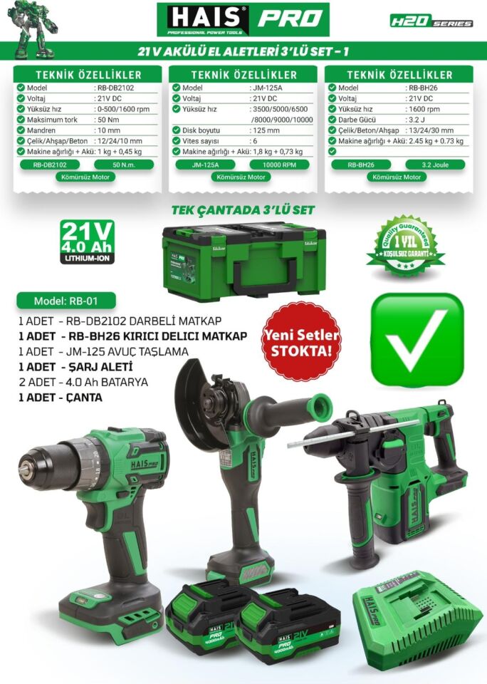 Hais Pro Profesyonel Akülü Set RB-01(DB-2102/BH-26/JM-125AX2/ŞARJ