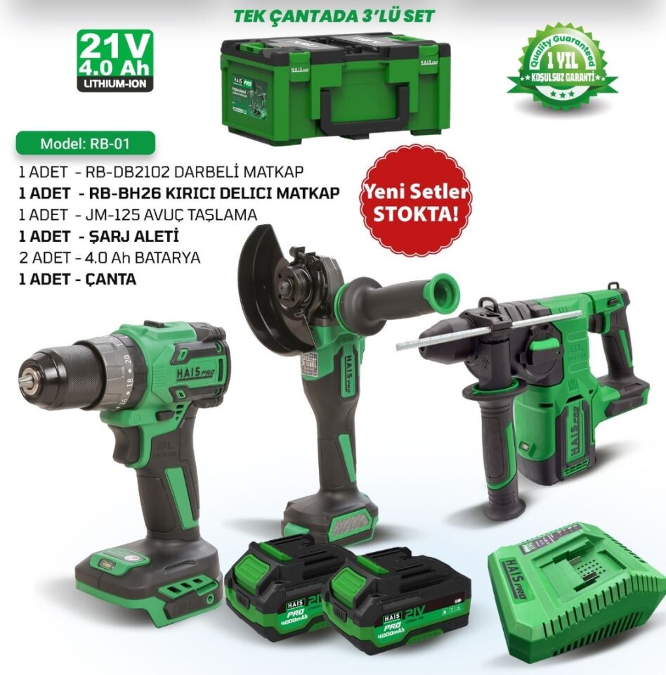 Haispro Akülü Set - 3'lü Profesyonel Akülü Set + 2x4 Ah Çift Akü - Rb-01